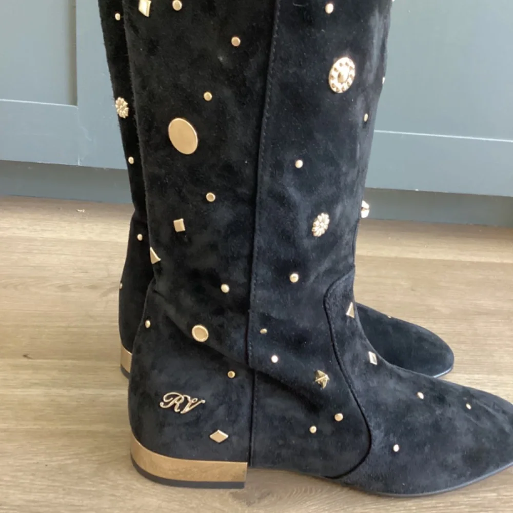 REDUCED ROGER VIVIER Embellished Studded Accent Black Suede OTK Boots Size 37 7